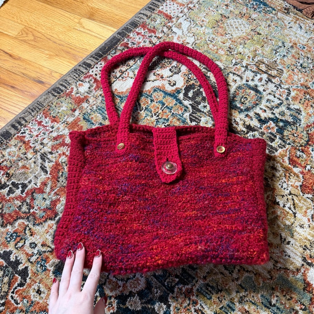 Handcrafted Red Crochet Tote Bag with Button Closure